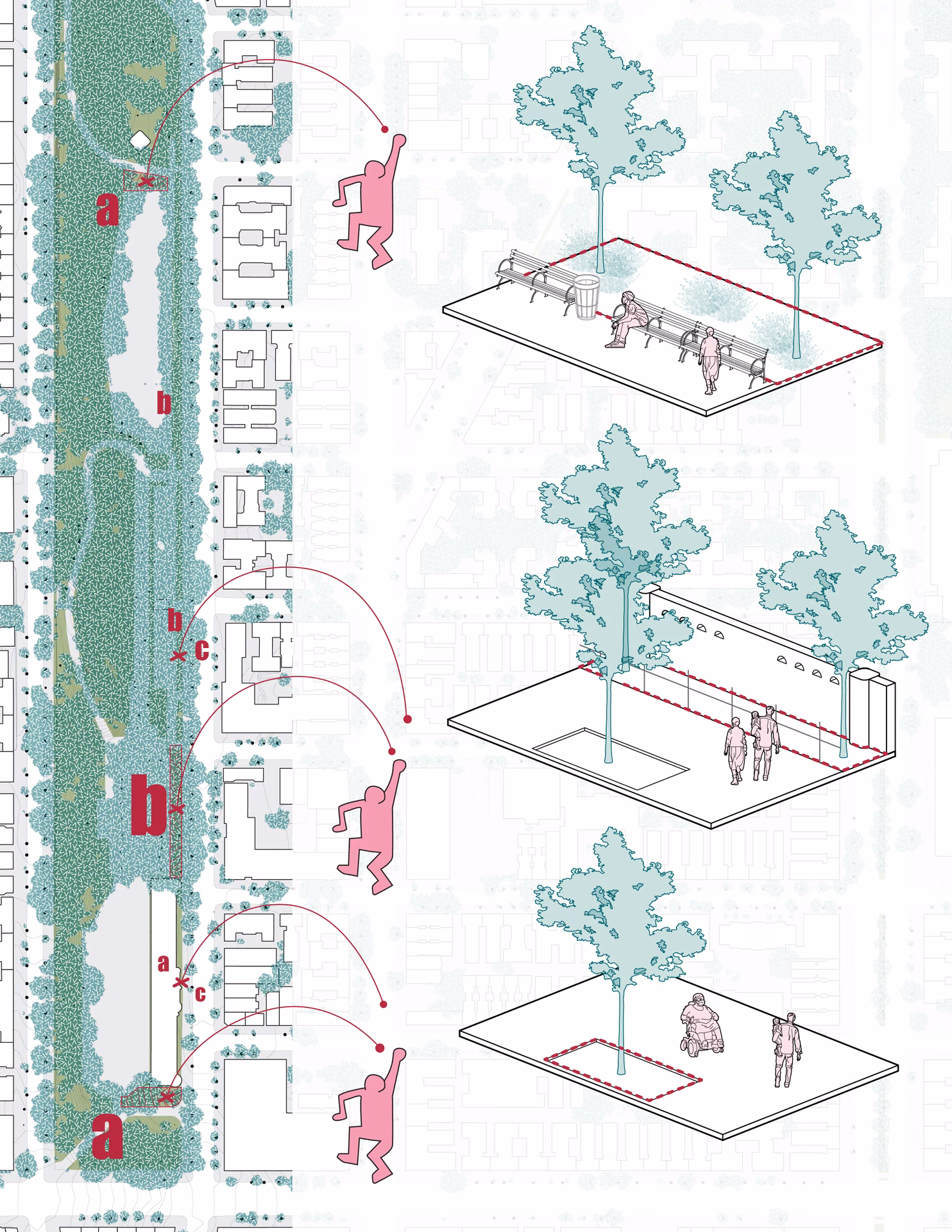 Map of potential seed bomb sites, with axonometric sketches of three planting spots